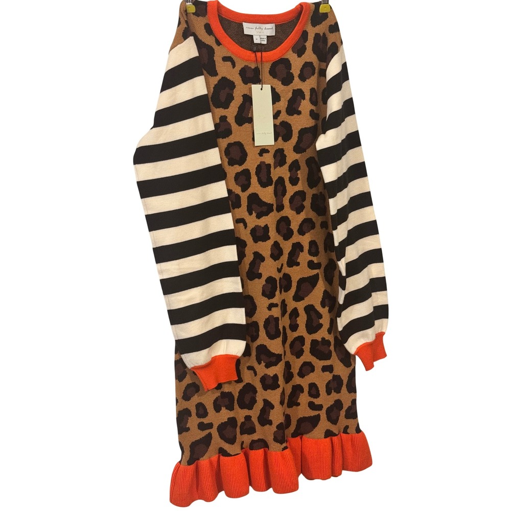 Never Fully Dressed Dylan Mini Knit Dress Leopard Stripe Orange Trim M NFDL S242
